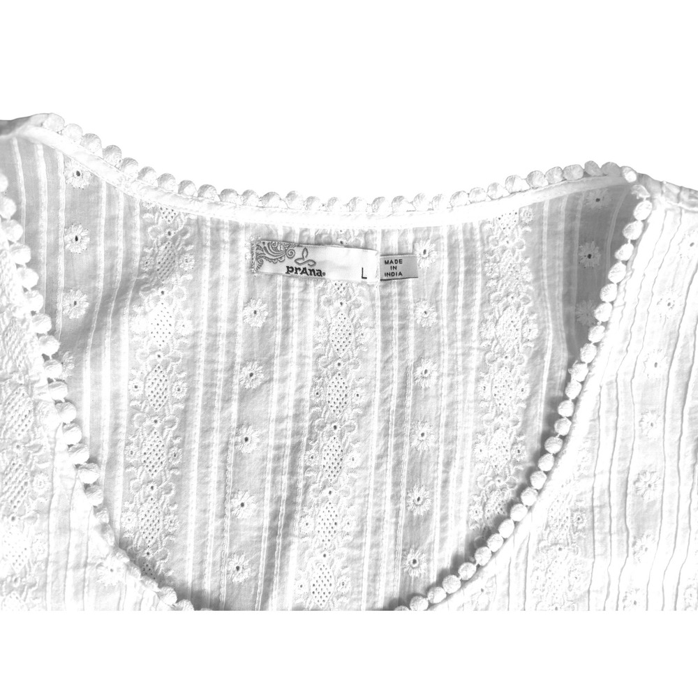 Prana White Eyelet‎ Lace Tiered Babydoll Tank Top Sleeveless Pintuck Boho Large - Picture 5 of 5